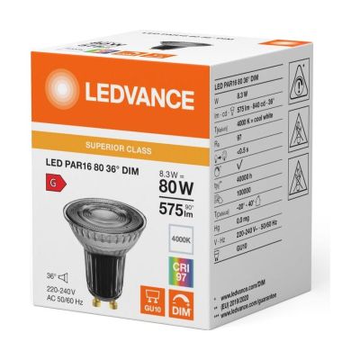 Ledvance LED PAR16 GU10 Reflector 8.3W 575lm 36D - 940 Cool White | Best Colour Rendering - Dimmable - Replaces 80W