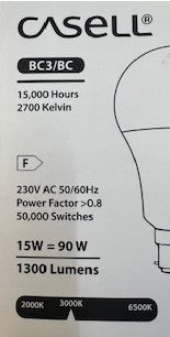 GLS 240v 15w LED Ba22d-3 3000K ... F1267 3 Pin BC